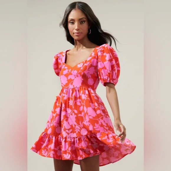 Sugarlips Pink and Cherry Red Puff Sleeve Floral Ruffle Hem Mini Dres - Picture 1 of 6